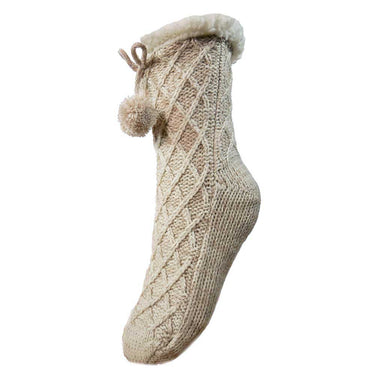 Knitted sock with pom-pom and fleece trim on a white background