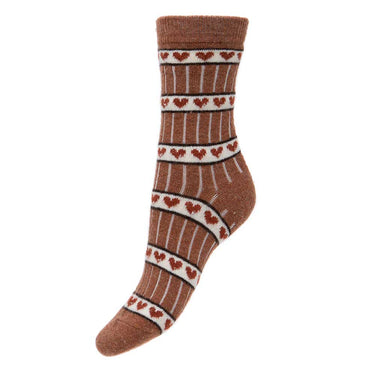 A pair of brown ribbed, fine knit wool blend socks with a pattern of hearts in shades of brown and white.