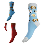 Three pairs of bamboo socks with dog illustrations on a white background