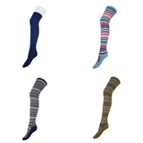 Four pairs of striped knee-high socks on a white background