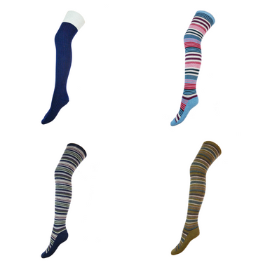 Four pairs of striped knee-high socks on a white background