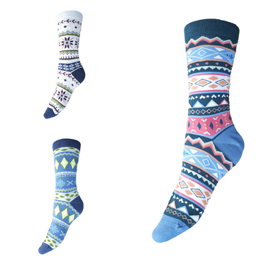 Three Scandi patterned bamboo socks on a white background
