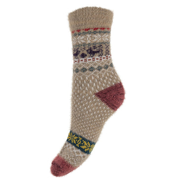 Fawn knitted sock with a Fairisle pattern on a white background