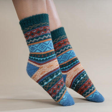 Blue, orange and brown Scandi patterned soft Wool Blend socks