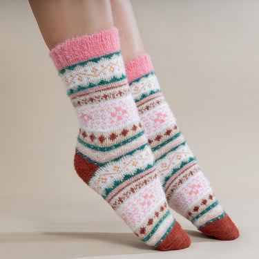 Cream, pink and brown Scandi patterned soft Wool Blend socks