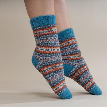 Teal, grey and rust Scandi patterned soft Wool Blend socks