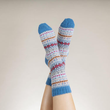 Blue, fawn and red Scandi patterned soft Wool Blend socks