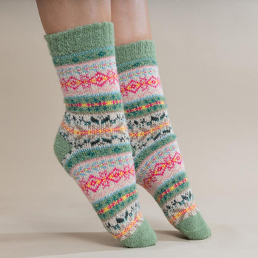 Green, fawn and pink Scandi patterned soft Wool Blend socks