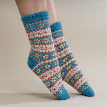 Teal, fawn and yellow Scandi patterned soft Wool Blend socks