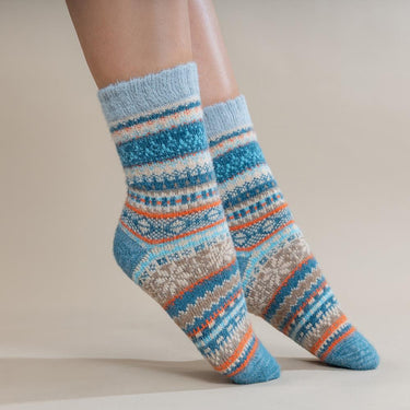 Teal, fawn and orange Scandi patterned soft Wool Blend socks