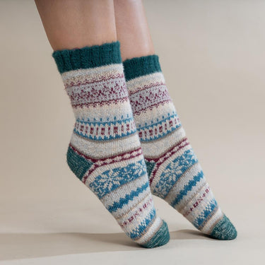 Fawn, green and burgundy Scandi patterned soft Wool Blend socks
