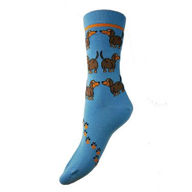 Blue bamboo sock with dachshund design and pawprints