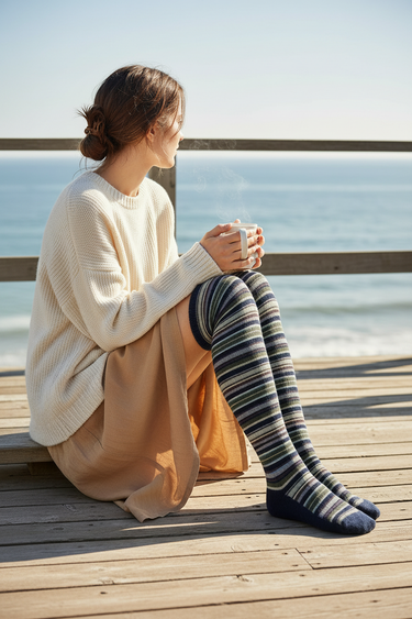 Woman wearing dark blue striped over the knee socks sitting on a coastal deck