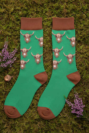 Green Highland Cow Men's Bamboo Socks