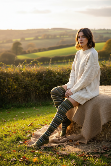 Woman sitting on haybales in the countryside wearing long green striped over the knee socks