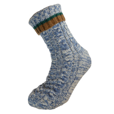 Knitted sock with blue and brown turnover cuff on a white background