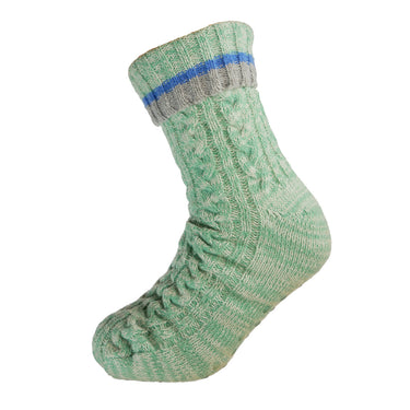 Green sock with a blue turnover cuff on a white background