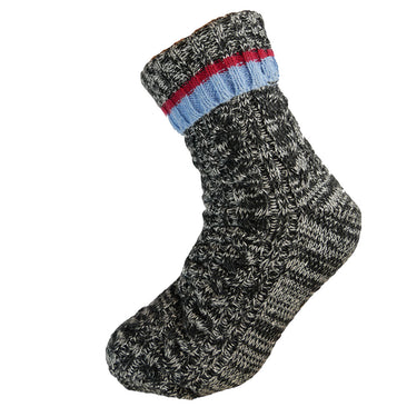 Knitted slipper sock with a patterned design on a white background
