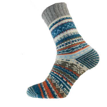 Blue, grey and orange Nordic patterned wool blend socks