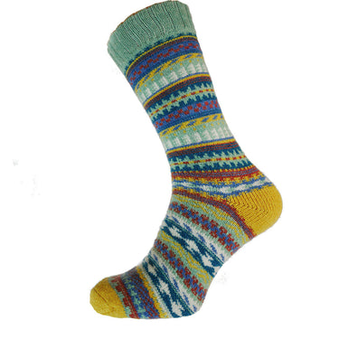 Bright blue, green and yellow Nordic patterned wool blend socks