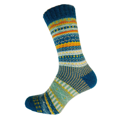 Teal, green and yellow Nordic patterned wool blend socks