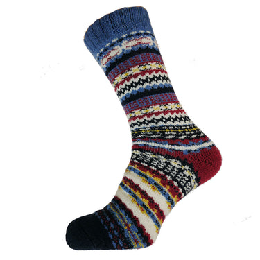 Burgundy, blue and yellow Nordic patterned wool blend socks