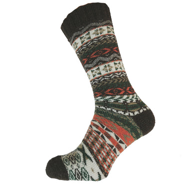 Brown, orange and green Nordic patterned wool blend socks