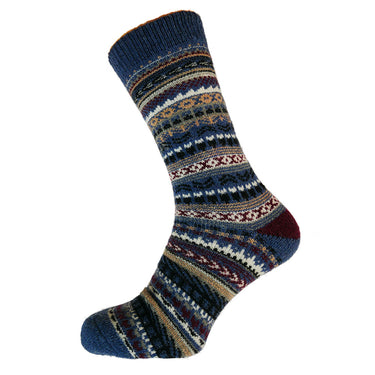 Light blue, black and burgundy Nordic patterned wool blend socks