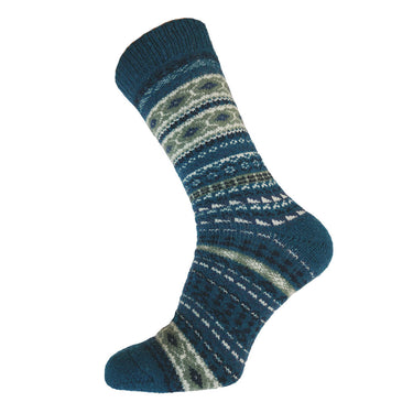 Knitted sock with blue and green pattern on a white background