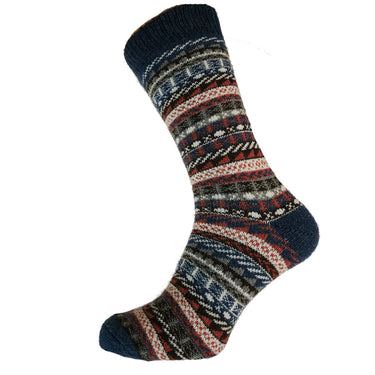 Blue, brown and orange Nordic patterned wool blend socks