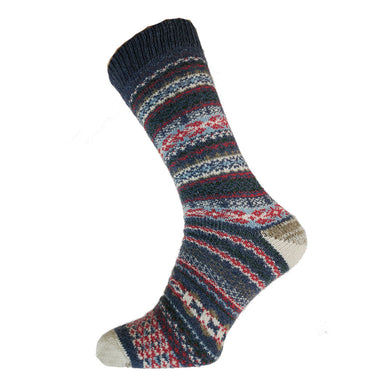 Blue, red and white Nordic patterned wool blend socks