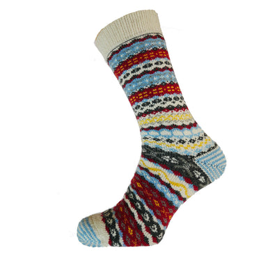 Pale blue, red and white Nordic patterned wool blend socks