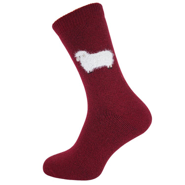 Burgundy wool socks with fluffy sheep