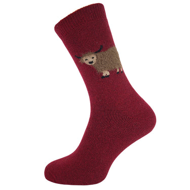Burgundy wool socks with fluffy cow