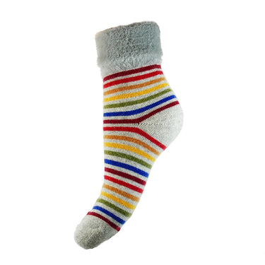 Grey cuff socks with multi coloured stripes and faux fur cuff