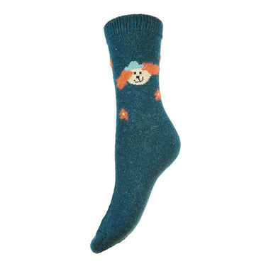 Teal Dog with fluffy ears fine knit  wool blend socks