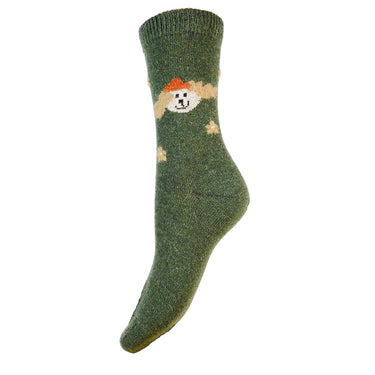 Green Dog with fluffy ears fine knit wool blend socks