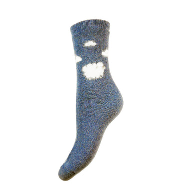 Blue fluffy sheep and clouds wool blend socks