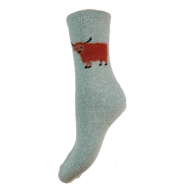 Thick wool blend light blue socks with fluffy Highland Cows