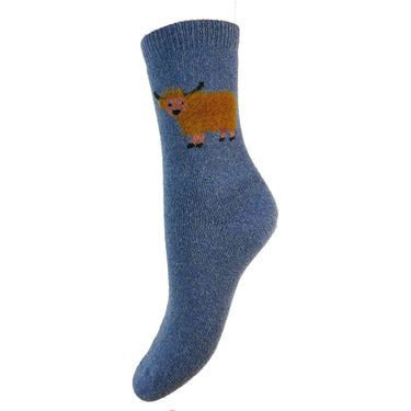 Thick wool blend blue socks with fluffy Highland Cows