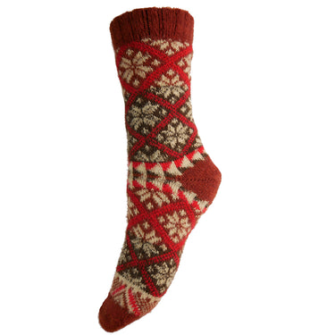 Soft diamond patterned brown and red Wool Blend socks