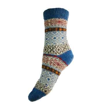 Blue, cream and brown Scandi patterned soft Wool Blend socks