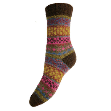 Brown, yellow and pink Scandi patterned soft Wool Blend socks