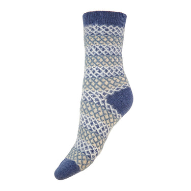 Blue and beige patterned sock on a white background