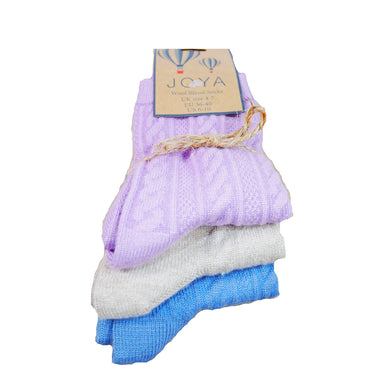 3 pairs of purple, fawn and blue soft, fine knit cable socks