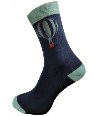 Dark blue bamboo sock with air ballon motif, pale blue heel toe and cuff, size 7-12 UK