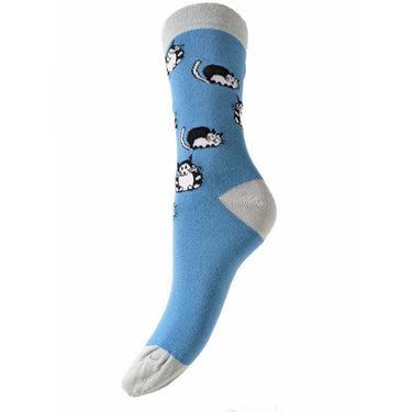 Pale blue Bamboo socks with grey heel toe and cuff with black and white cat motif, size 4-7