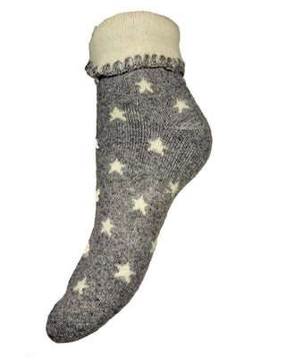 Grey cuff socks with cream stars and cuff, bed socks size 4-7