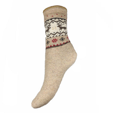 Beige Reindeer Thick Wool Blend Socks With Sparkly Tops