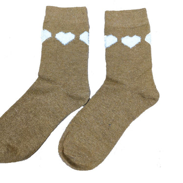 Mustard Wool Blend socks with cream fluffy Hearts size 4-7